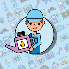worker holding engine oil car service maintenance vector illustration