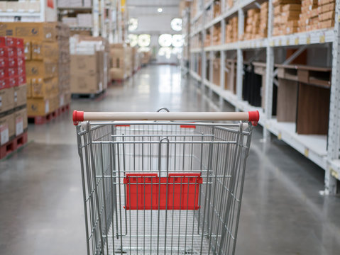 Abstract blurred photo of trolley in department store bokeh background,Shopping cart in supermarket and Home Hardware and furniture Stores,vintage color