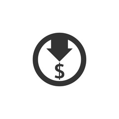 dollar decrease icon. Money symbol with arrow stretching rising drop fall down. Business cost reduction icon. vector illustration.