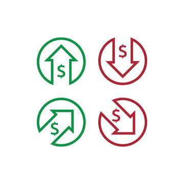 dollar increase decrease icon. Money symbol with arrow stretching rising up and drop fall down. Business cost sale and reduction icon. vector illustration.