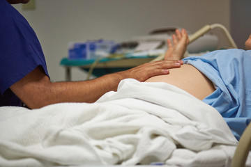 Obraz na płótnie Canvas Doctor examining pregnant woman belly