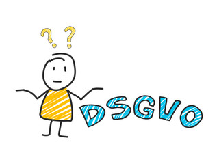 stick man in front of DSGVO letters. General Data Protection Regulation. GDPR, RGPD, DSGVO, DPO. Concept vector illustration. Flat style. Horizontal