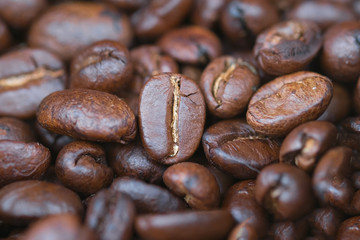 Closed up roasted coffee beans