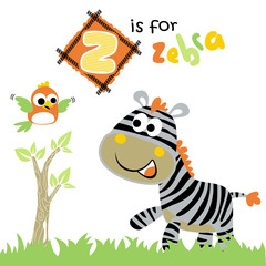 Funny zebra cartoon with little bird. Eps 10