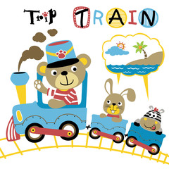 Obraz na płótnie Canvas Cute animals vacation with coal train, vector cartoon illustration