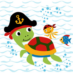 Vector cartoon of Turtle with little friends. Eps 10