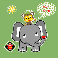 Nice animals cartoon, monkey ride on elephant, vector cartoon illustration