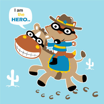 Super hero, ride on funny horse, vector cartoon illustration