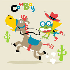 funny cowboy, frog the super hero with his horse, vector cartoon illustration