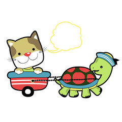 cute animals, turtle and cat playing time, vector cartoon illustration