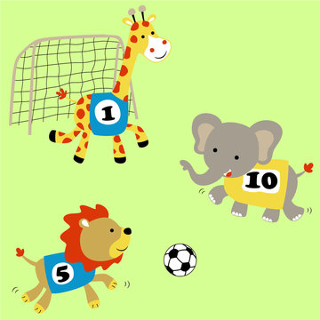 animals soccer player, giraffe, elephant, lion. vector cartoon illustration