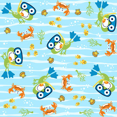 vector cartoon seamless pattern with cute animals. Swamp life with frog, crab, fishes, shellfish.