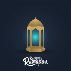 calligraphy of islamic event with beautiful lantern and mosque