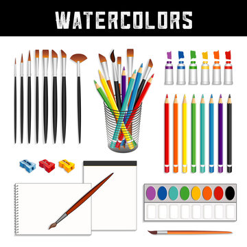 Watercolor tools and supplies: tubes of paints, field box, desk organizer, brushes, pencils, sharpeners and papers for fine art painting and illustration, isolated on white background.