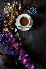 A cup of tea agains a moody backdrop