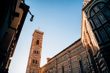 famous Duomo Cathedral with Giotto Bell Tower Facade in Florence, Italy