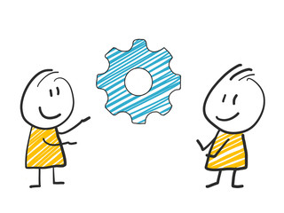2 stick man standing and thinking expression illustration blue gear symbol