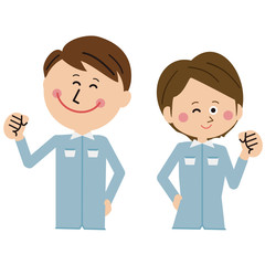 ポップな青い制服の作業員 男女１ガッツポーズ　上半身