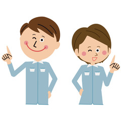 ポップな青い制服の作業員 男女１　指さし　上半身