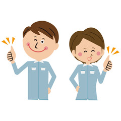 ポップな青い制服の作業員 男女１　いいね！　上半身