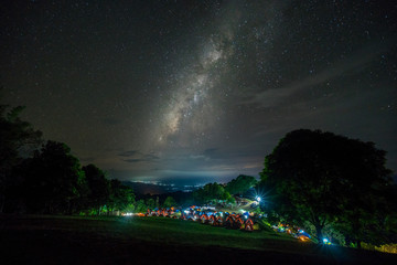 Camping site under milky way. View of the Milky Way galaxy at Doi Samer Dao - Sri Nan National...