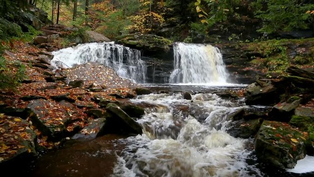 Cayuga Falls is a beautiful split waterfall in Ganoga Glen at Ricketts Glen State Park, Pennsylvania.