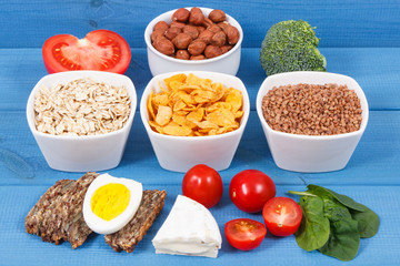 Healthy ingredients as source minerals, vitamin B2 and dietary fiber, nutritious eating concept