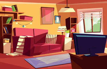 Living room vector illustration of modern or retro apartments interior. Vintage old comfortable furniture with plaid and pillow on sofa, bookshelf and TV at window and carpet on floor