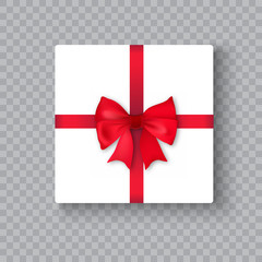 Realistic gift box with red bow on transparent background. Vector.