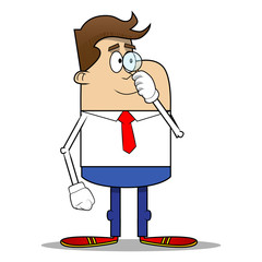 Simple retro cartoon of a businessman holding a small magnifying glass. Vector cartoon illustration.