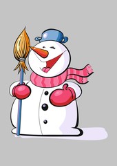 Cartoon Snowman is happy. Winter starts with great snow!