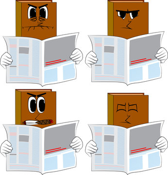 Books reading newspaper. Cartoon book collection with angry faces. Expressions vector set.