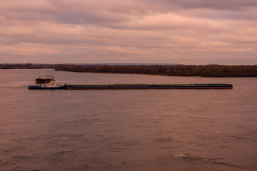 Big barge and ship on river Dnieper