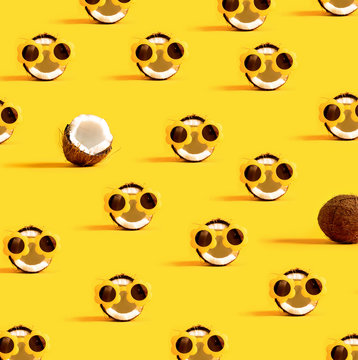 Series of coconuts wearing sunglasses on a yellow background
