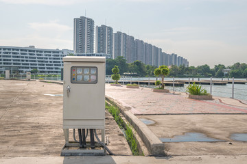 Outdoors electric distribution box at yacht harbor