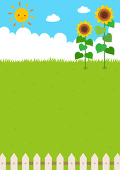 Cute sun and sunflowers. Summer background