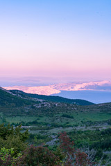 Beautiful landscape view of sunrise over islands in Croatia, viewed form the Velebit mountain