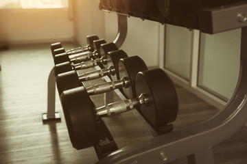 row of drumbell in fitness vintage color tone