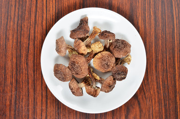 Dried agaricus blazei murill on white plate