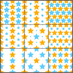 Orange and blue starson white simple seamless patterns set, vector