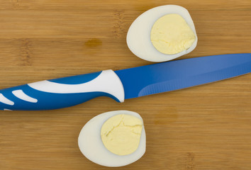 Sliced boiled eggs on the cutting board