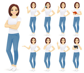 Obraz premium Woman in jeans set with different gestures isolated