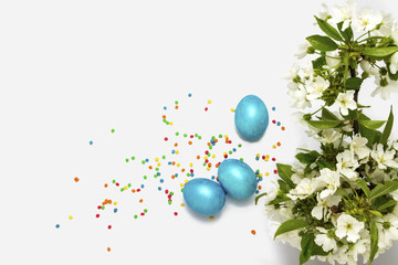 Blooming Cherry Twig, Easter Blue Eggs and Multicolored Powder on the White Background.