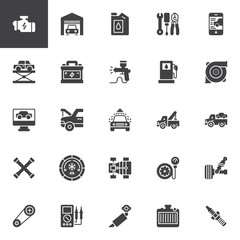 Car service vector icons set, modern solid symbol collection, filled style pictogram pack. Signs, logo illustration. Set includes icons as Garage, Gasoline, Repair Tools, Lift, Battery, Maintenance