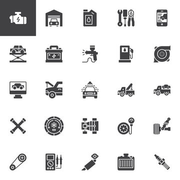 Car service vector icons set, modern solid symbol collection, filled style pictogram pack. Signs, logo illustration. Set includes icons as Garage, Gasoline, Repair Tools, Lift, Battery, Maintenance