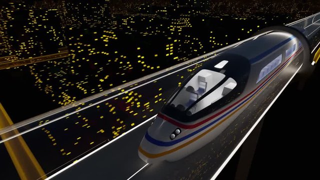 Concept of hyperloop. High-speed white passenger train moves in transparent glass tunnel against a background of dark city with night lights, seamless, looping element, backward movement