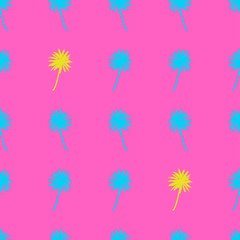 Fototapeta na wymiar Palm trees seamless pattern. Tropical summer background. Yellow blue palm on pink background. Exotic seamless pattern with palm. Vector AI10