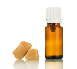 Aromatic vaping liquid e-cigarette and sweets isolated on white