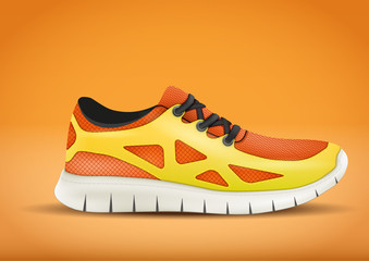 Sporting sneakers on orange background. Advertising sport poster in trendy color. Lifestyle of running and workout. Vector Illustration.