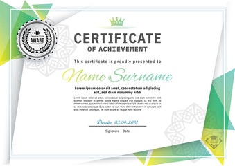 Fototapeta premium Official white certificate with green triangle design elements, ornate round element. Business clean modern design